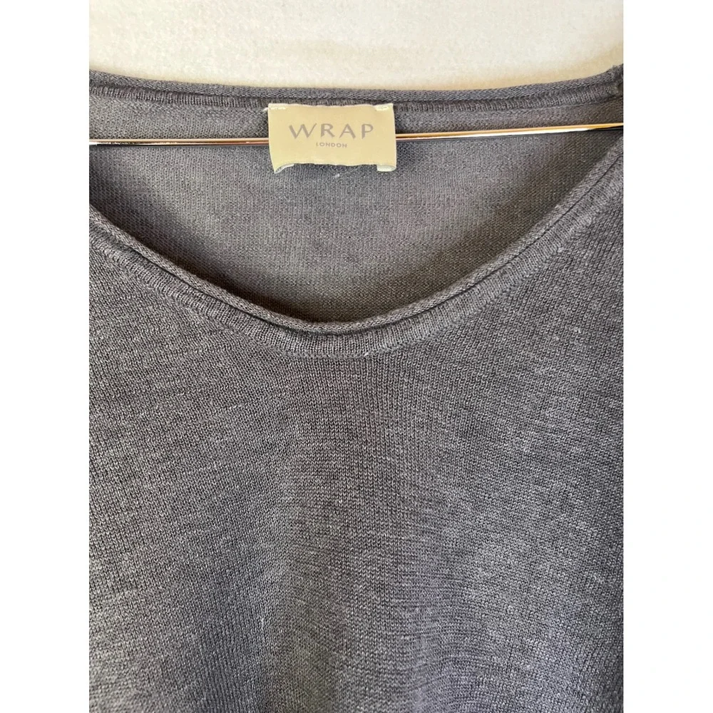 Wrap London Sz 10 100% Linen Gray V-Neck Top Crotchet Shoulder Ruffle Sleeve